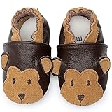 Krabbelschuhe Baby Weicher Leder für Unisex,Lederpuschen Baby Lauflernschuhe Jungen Mädchen Lederschuhe Babys mit Wildledersohlen Rutschfeste Babyschuhe 0-6m (S),B3 dunkelbraun