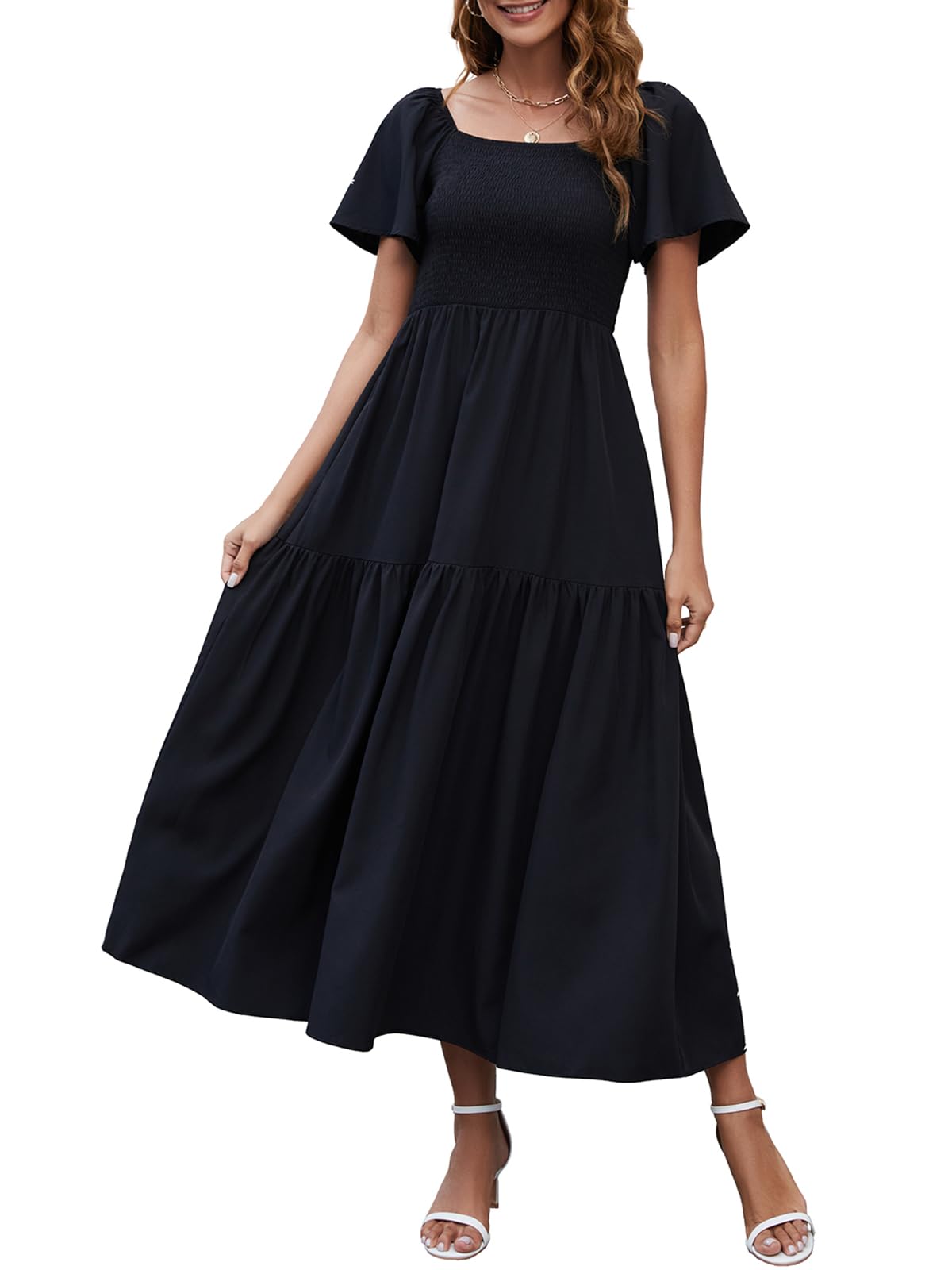 Lyrur Women’s Summer Maxi Dress Square Neck Ruffle Short Sleeve Smocked Tiered Casual Beach Sundress with Pockets