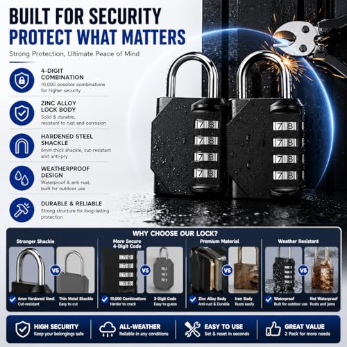 Image of 4 Digit Combination Padlocks, Long Shackle Resettable Security Locks, Weatherproof Zinc Alloy Body, Heavy Duty Lock for School Lockers, Gym Lockers, Gates, Fences, Storage Units & Luggage (3 Pack)