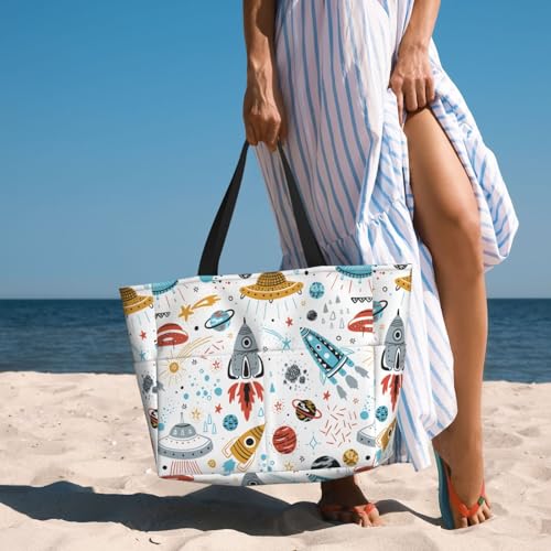 Large Capacity Beach Bag Waterproof Pool Tote for Gym Swimming Camping Carry On Bag Cartoon Rockets Print3