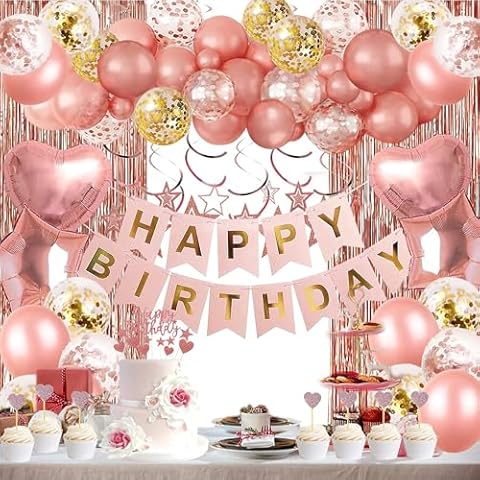 SVZIOOG Rose Gold Birthday Decorations For Women, Happy Birthday Banner, Rose Gold Fringe Curtain, Heart Star Foil Confetti Balloons, Hanging Swirls for Women Girls Birthday Princess Party Cover