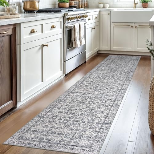 2x8 Grey Blue Washable Runner Rug for Hallways, Soft Classic Kitchen Rugs with Non-Slip, Non-Shedding Distressed Floral Rug for Hallways Entryway Bedroom Bathroom Laundry Indoor