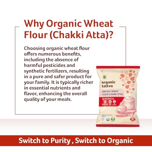 Image of Organic Tattva Whole Wheat Flour 1kg - Stone Ground Chakki Atta for Soft & Tasty Rotis, Everyday Cooking Essential