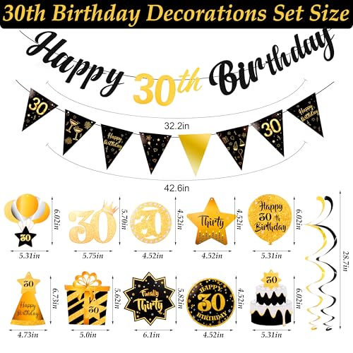 Image of 30th Birthday Decorations for Him Black Gold Happy 30th Birthday Decorations For Men Women Pre Strung Birthday Banner Bunting and Hanging Swirls