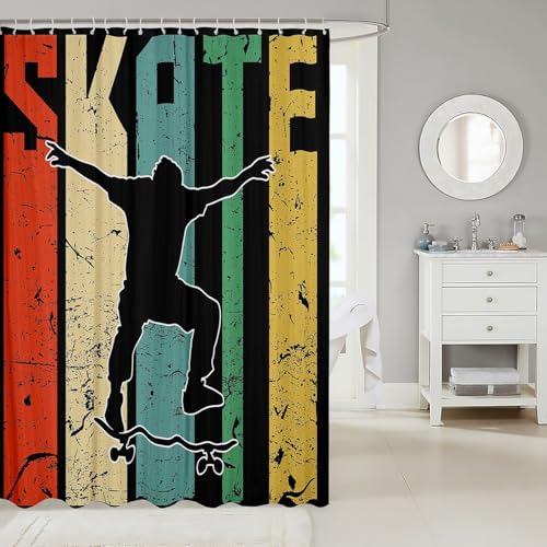 Image of Skateboard Bath Curtain Hipster Decor Cloth Fabric Bathroom Decor for Kids Boys Girls Teens Skate Board Shower Curtain Extreme Sports Shower Curtains Set with Hooks Grunge Design Room Decor 72x84 Inch