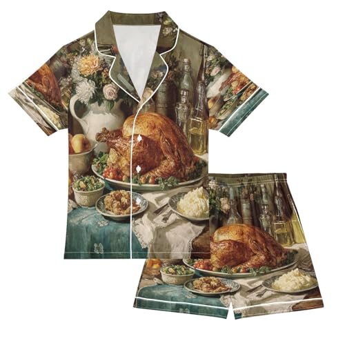 Satin Pajama Sets Short Sleeve Thanksgiving Feast with Turkey Button Down Silky Nightwear 2 Piece PJS 5-14Y