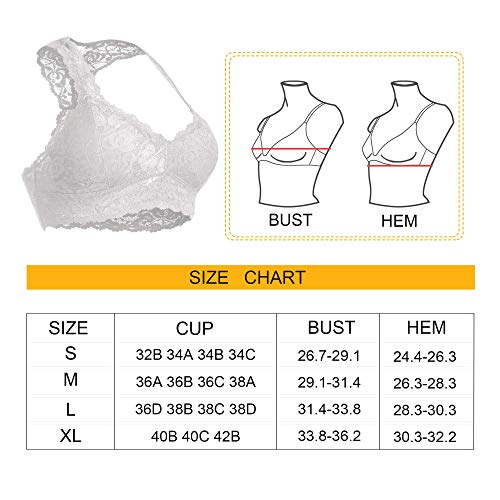 Rolewpy Women's Sexy Lace Bra Removable Padded Racerback Breathable Bralette Bustier Sports Bras (White, M(36A 36B 36C 36D))