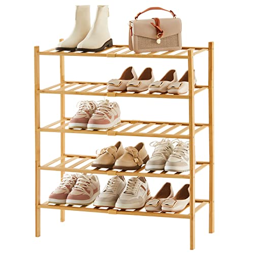 Image of Shoe Rack Organizer for Closet Entryway, 5 Tier Bamboo Shoe Shelf, Small & Stackable Shoe Rack, 2 Tier + 3 Tier Shoe Rack, Tall Shoe Storage, D11 * W27.2 * H32.7 Inches, Natural