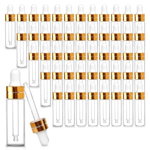 Yopeissn 50 frascos cuentagotas de vidrio transparente de 2 ml, mini frascos cuentagotas para aceites esenciales, perfume, líquidos cosméticos, fácil instalación, fácil de usar