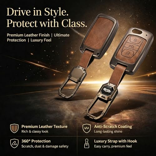 Image of Car Key Cover Compatible with Tata Nexon|Altroz|Tiago|Punch|Harrier|Safari|Tigor 3-Button Smart Key (Leather Metal 2.0)