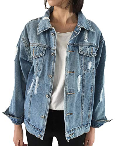 Chaqueta Vaquera Mujer Elegantes Casual Rasgado De Solapa Manga Largo Afligido Abrigo De Jeans Joven Azul Tendencia Fashion Anchas Streetwear Estilo Chaqueta Vaquera Prendas Exteriores Women