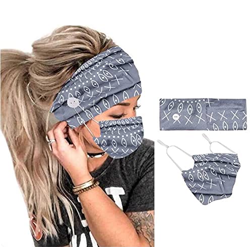 CAKURE Boho Headbands with Buttons Wide Turban Headband Mask Set African Head Wraps Hair Accessories for Women and Girls Pack of 2
