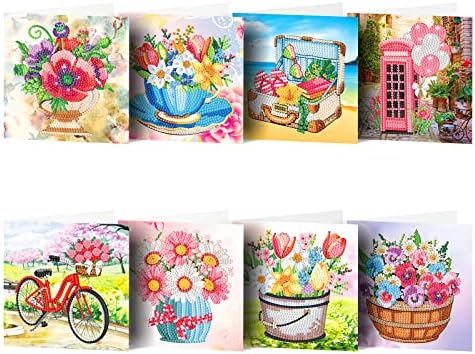 LUSandy 8 Packs DIY 5D Diamond Painting Flowers Cards Kits for Adults Tulip Daisy Flowers Vase Diamond Art Greeting Cards Art Craft Gifts for Valentine's Day Family and Friends