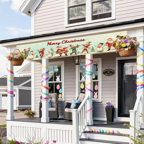 Image of Vintage Santa Music Band Banner 78.7 x 17.7 Inch Retro Holiday Scene with Santa and Snowmen Instruments Design Yard Garden Fence Porch Patio or Winter Celebration Display
