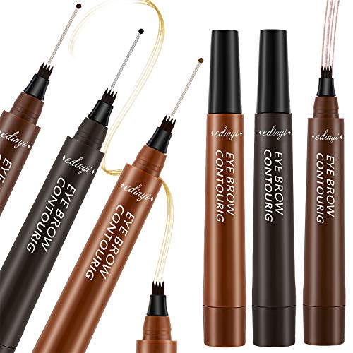 6 Pieces Eyebrow Tattoo Pen Kit, Waterproof Microblading Eyebrow Makeup Pen with Four Micro-Fork Tip Applicator Eyebrow Pencil, Dark Brown Light Brown and Gray Brown