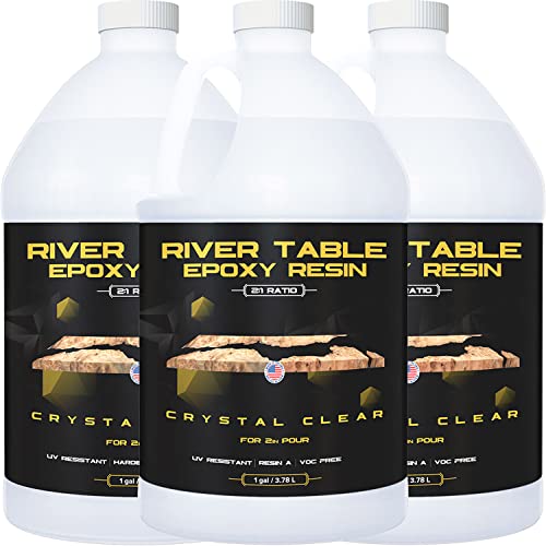 Epoxy Resin for River Table - 3 Gallon kit - UV Resistant Crystal Clear Epoxy Resin Kit - 2:1 Ratio for Deep Pour, Deep Casting Resin, Live Edge River Table (2 Gallon + 1 Gallon)