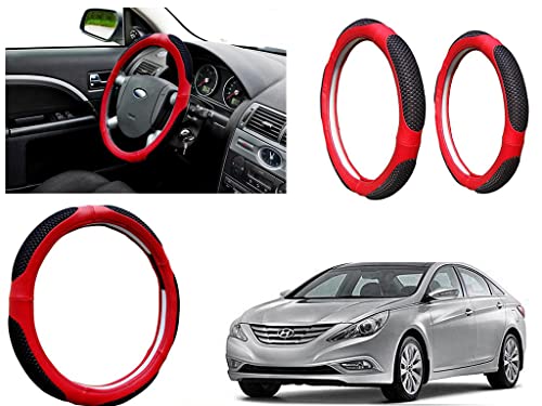 Image of Microfiber Car Steering Wheel Cover, Soft Padding Great Hand Feel, Anti-Slip, Faux Leather Steering Cover for Hyundai Sonata | Black Red Jali - Pack of 1