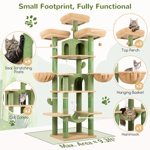 Image of Globlazer Big Cactus Cat Tower for Indoor Cats, 80inch Cat Tower for Multiple Adult Cats XXL Cat Tree with Scratching Post, Hammock, 3 Perches, 2 Condos, 2 Hanging Basket, F80, Green