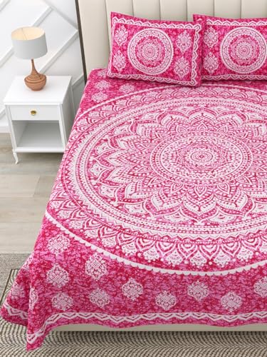 Image of RajasthaniKart 144 TC Pure 100% Cotton Double Bed Sheet with 2 Pillow Covers (Bedsheet for Double Bed Cotton, Pink Star Jaipuri, King Size,5297)