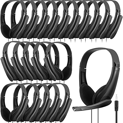 Yunsailing 20 Pack Bulk Classroom Headphones with Microphone Students Wired School Class Set Headphones for School Library Computer Office Adults 3.5 Jack Universal Plug(Black)