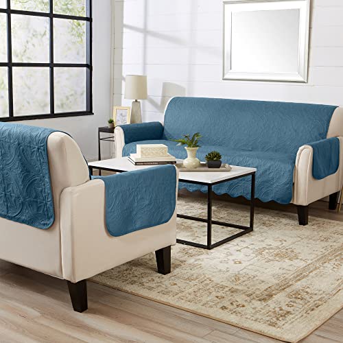 Image of Great Bay Home Reversible Chair Cover - Washable Slipcover Furniture Protector with Elastic Straps - Perfect for Kids & Pets - Quilted & Stitched Detail (Smoke Blue /Ivory)