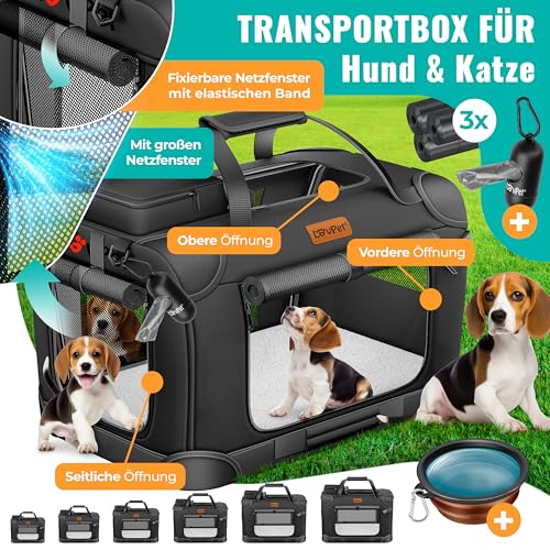 LOVPET® Transportbox Hund Katze Transporttasche XXXL 102x70x70cm | Hunde-Tragetasche Faltbare Katzentasche | Haustier-Transportbox inkl. Hundenapf & Schultergurt | für Katzen & Hunde Schwarz