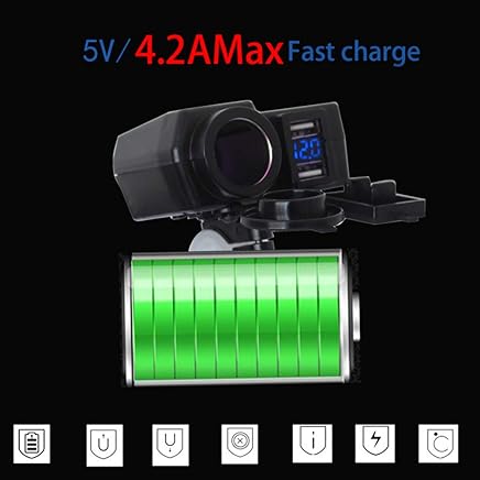 KEZIO Toma de Corriente del Cargador USB Dual 2.1A y 2.1A ?4.2A para el Adaptador de Carga de la energ?a de la Abrazadera del Manillar de la Motocicleta (Color : Azul) KEZIO Toma de Corriente del Cargador USB Dual 2.1A y 2.1A ?4.2A para el Adaptador de Carga de la energ?a de la Abrazadera del Manillar de la Motocicleta (Color : Azul)