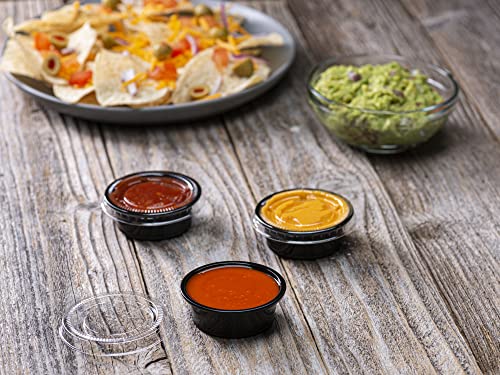 Image of 1.5 oz - 100 Sets Black Diposable Plastic Portion Cups With Lids, Small Mini Containers For Portion Controll, Jello Shots, Meal Prep, Sauce Cups, Slime, Condiments Disposable Souffle Cups