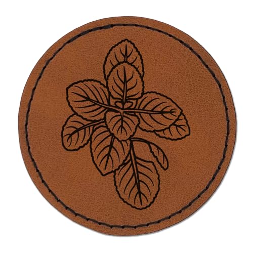 Oregano Herb Plant Round Iron-On Engraved Faux Leather Patch Applique - 2.5 Inch - Brown