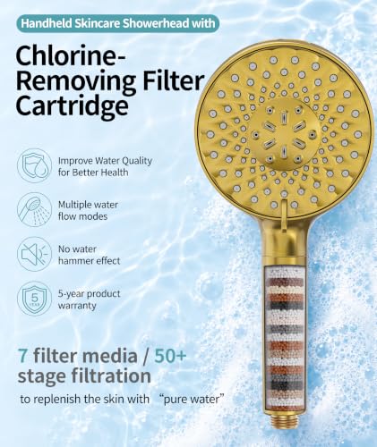 Image of SR SUN RISE Filtered Shower Head with Handheld High Pressure 9 Spray Mode Showerhead Detachable Shower Head Water Softener Filters 1 Filter Brushed Gold