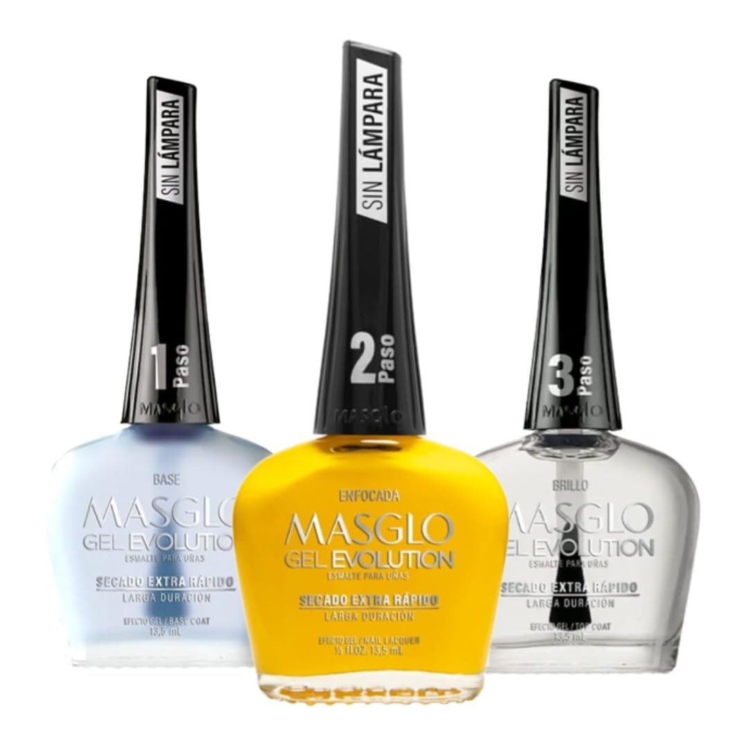 MASGLO GEL EVOLUTION Nail Polish Gel Effect, No UV/Led Lamp, Duration Up to 12 days, 3 PCs Base, Esmalte Enfocada, Brillo - Efecto Gel sin necesidad