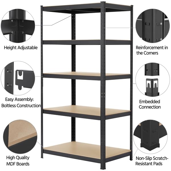 Yaheetech 180 x 90 x 60 cm Étagères Charge Lourde Clipsable Résistant Capacité 875 kg Meuble de Rangement Garage Cuisine Chambre Noir 180 x 90 x 60 cm