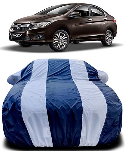 Image of PURPLEHEART Car Body Cover Compatible with Honda City i-Dtec Mirror Pocket Triple Stitched Bottom Elastic Water Resistant UV Protection & Dustproof Car Cover-Blue & White