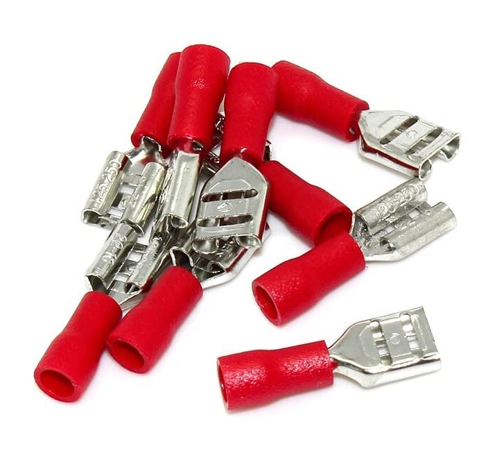 ESPtronics 50 Pcs Female Insulated Spade Wire Crimp Connectors 22-16AWG Crimp Connectors FDD2-250 Copper Crimp Terminals 4.8 x 0.5mm (Width 0.2") Red For Wire Connector 2