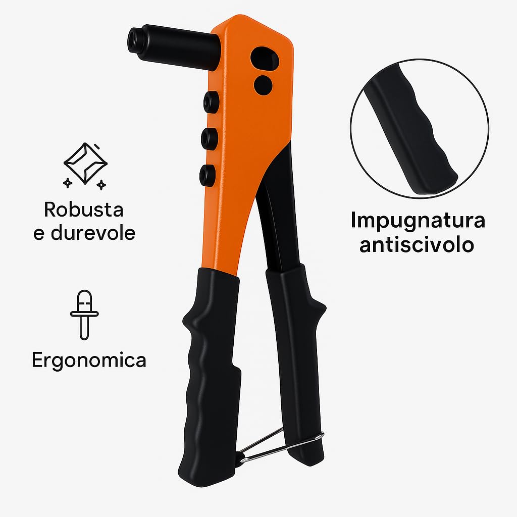 Rivettatrice Manuale Professionale in Acciaio | Impugnatura Ergonomica Antiscivolo con 4 Adattatori (2.4, 3.2, 4.0, 4.8 mm)