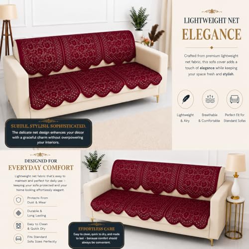 Image of Homerz Premium 'Surya Series' Sofa Cover | Stylish Sofa Protector | Net Fabric | Anti-Stain & Washable Slip Cover Exact Size Antislip (Flower Valley Maroon, 6 (3+2+1) Seater, Seat Cover with Backrest)