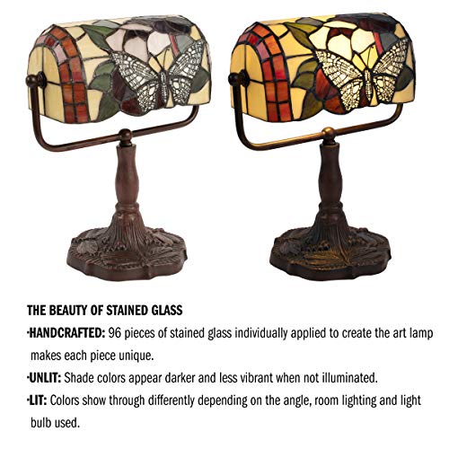 Lavish Home 72-TIFF-3 Tiffany Style Bankers Lamp-Stained Glass Butterfly Design Table Or Desk Light Led Bulb Included-Vintage Look Colorful Accent Decor thumb #2