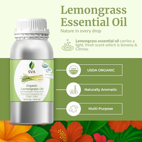 Image of SVA Organic Lemongrass Essential Oil, Large Size, 16 Fl Oz (473 ml) | Lemongrass Oil for Diffuser, Humidifier, Home Fragrance, Room Spray, Skin, Body Massage, Soap Making, Candle Making & DIY
