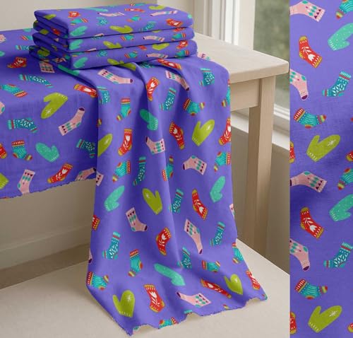 Image of Soimoi Purple Cotton Cambric Fabric Socks & Gloves Folk Art Print Sewing Fabric Meter 56 Inch Wide