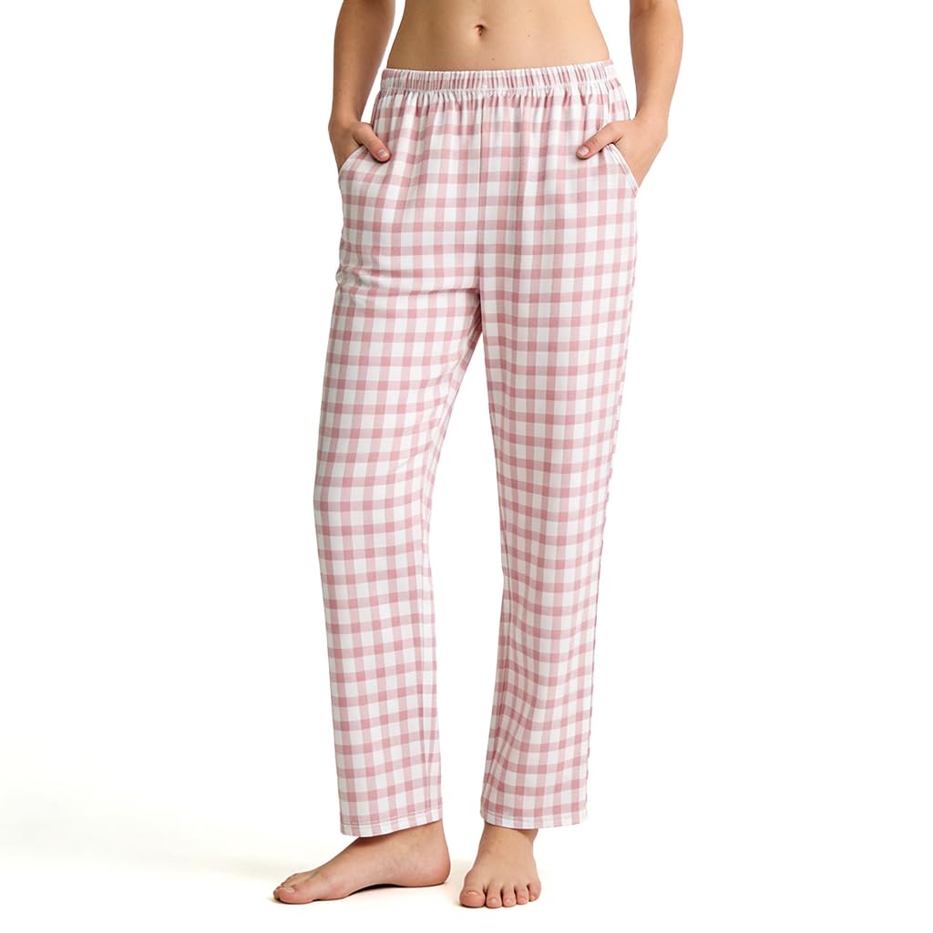 sannidhi Women's Lounge Pants, Cotton Pink & White Plaid Home Wear Trouser with Pockets, Elastic Waist, Soft Cotton Women Pajama Trouser Sleepwear Pants, Loose Straight-Leg Home Sleepwear-picture-36