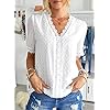 FARYSAYS Womens White Lace Shirts Chiffon Blouses Summer Classic Vintage Elegant V Neck Short Sleeve Tunic Tops for Work Office Ladies Medium