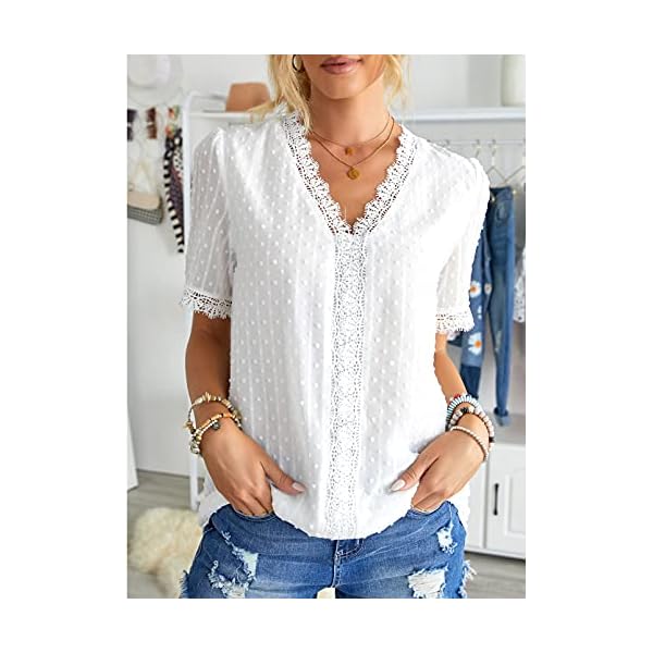 FARYSAYS Womens White Lace Shirts Chiffon Blouses Summer Classic Vintage Elegant V Neck Short Sleeve Tunic Tops for Work Office Ladies Medium