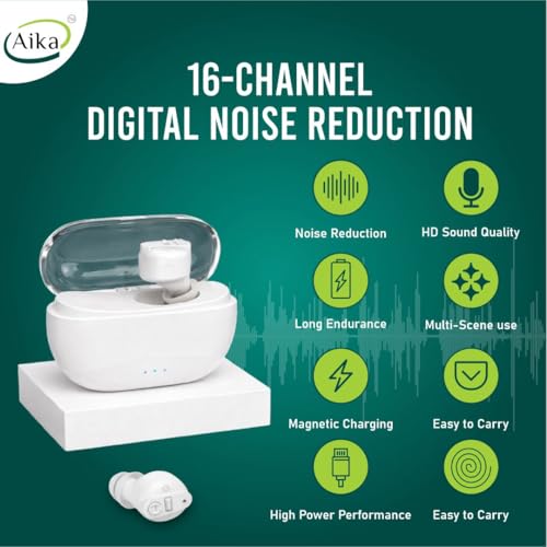 Image of AIKA AG-7901 Wireless Rechargeable Hearing Aid - Digital Sound Amplifier for Adults & Seniors with up to 65% Hearing Loss (White, Single Ear)