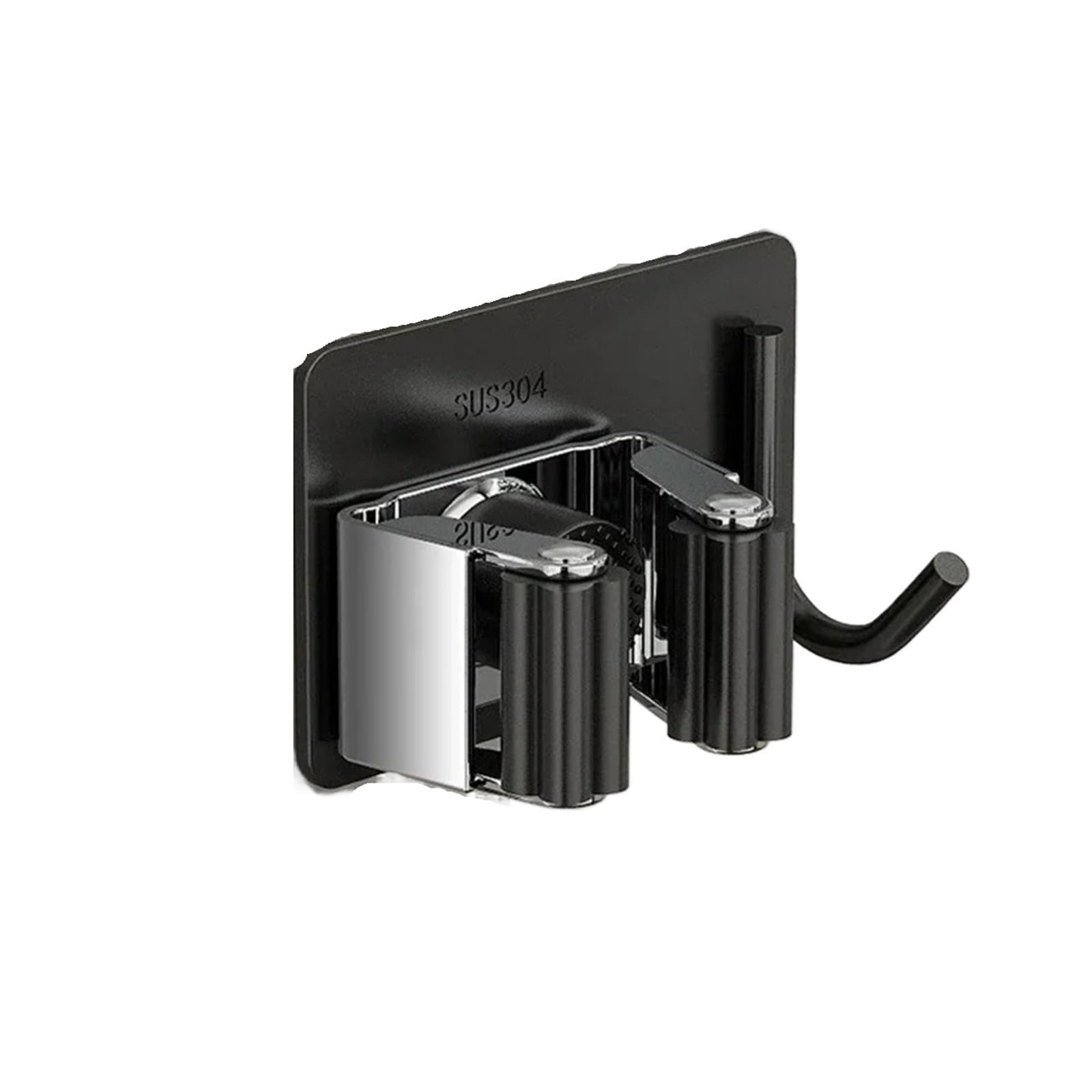 HRXEXSBAM Wall-Mounted Mop Storage Clip Bathroom Mop and Broom Hanging Rack Hook 304 Stainless Steel Mop Clip(Black with Hook)