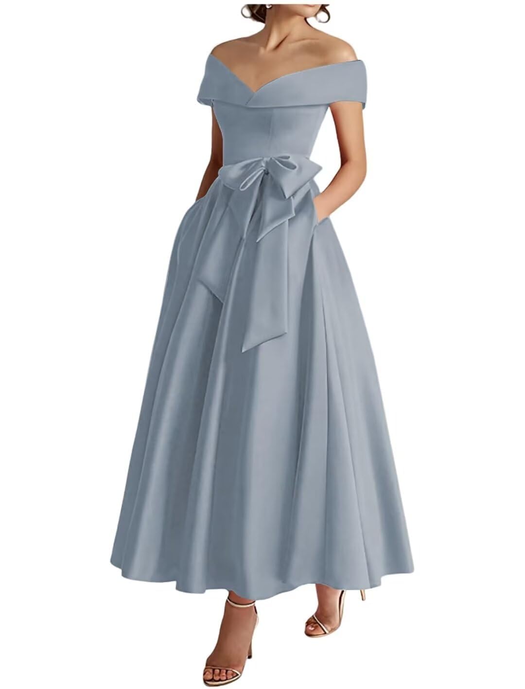 Kurface Women's Dusty Blue Off Shoulder Prom Dresses For With Pocket Bow Satin Formal Evening Dress Corset Long Ball Gown Uk18
