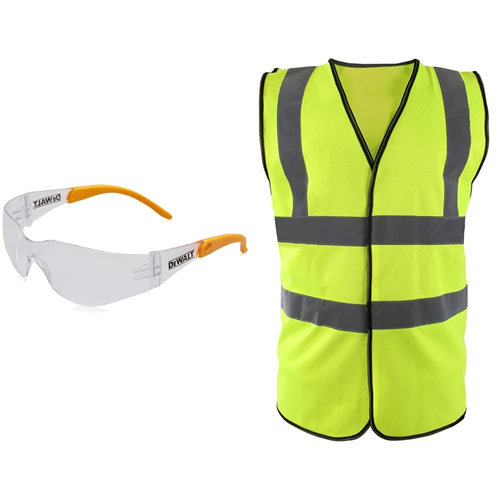 DEWALTDPG54-1D PROTECTOR Clear High Performance Lightweight Protective Safety Glasses With Wraparound Frame-Yellow/Clear & Blackrock men Hi-vis s High Visibility Waistcoat Yellow Medium, Yellow, M UK
