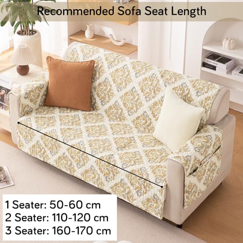 Image of HOKIPO 'VivaCasa Series' Polyester 2 Seater Quilted Sofa Cover with Pockets, Damask Beige (IN-739-D4)