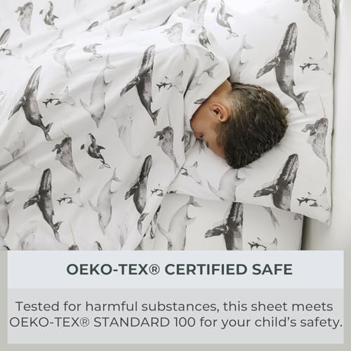 Image of Pobibaby Premium Twin Full Sheets Sets, Kids Double Bed Sheets in Cotton Blend | Ultra-Soft Woodland Camping Print with Fitted Sheet, Flat Sheet & Pillowcases (Twin Seaside Whale)