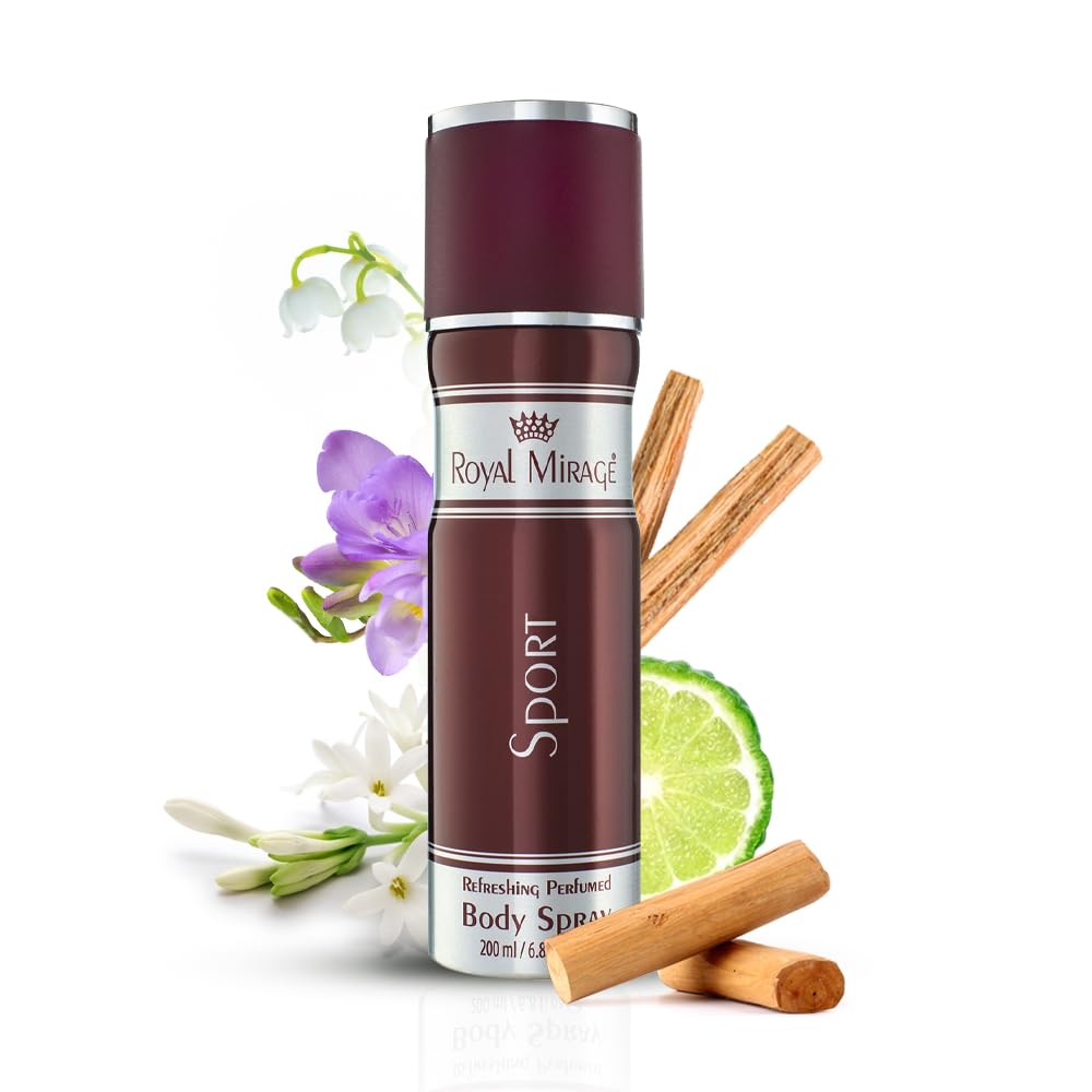 Royal Mirage Sport Body Spray | All-Day Freshness | Premium Luxury Body Spray | Floral & Woody Notes | Post-Gym Spray | Energizing Scent | Unisex Perfume | 200ml