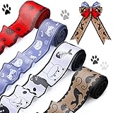 4 Rolls Paw Print Burlap Ribbon Fish Bone Wired Edge Ribbon Black Cat Print Wrapping Ribbon...